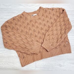 SO Women's Cropped Open-Stitch Sweater Size Large Peachy Beachy Brown Juniors